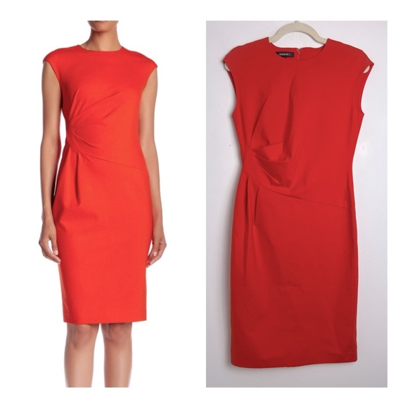 Lafayette 148 New York Red Orange Cape Sleeve Ruched Side Sheath Dress Size 4 - Picture 1 of 9